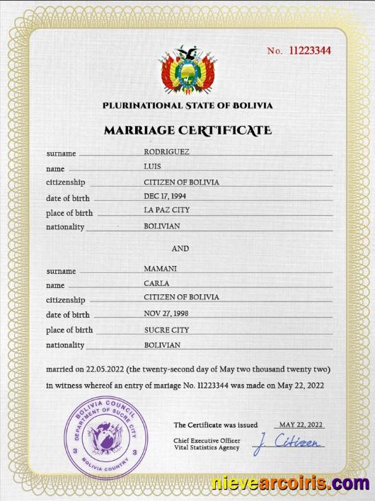 Bolivia marriage certificate
